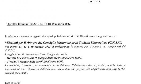 Elezioni per il rinnovo del Consiglio Nazionale degli Studenti Universitari (C.N.S.U.)